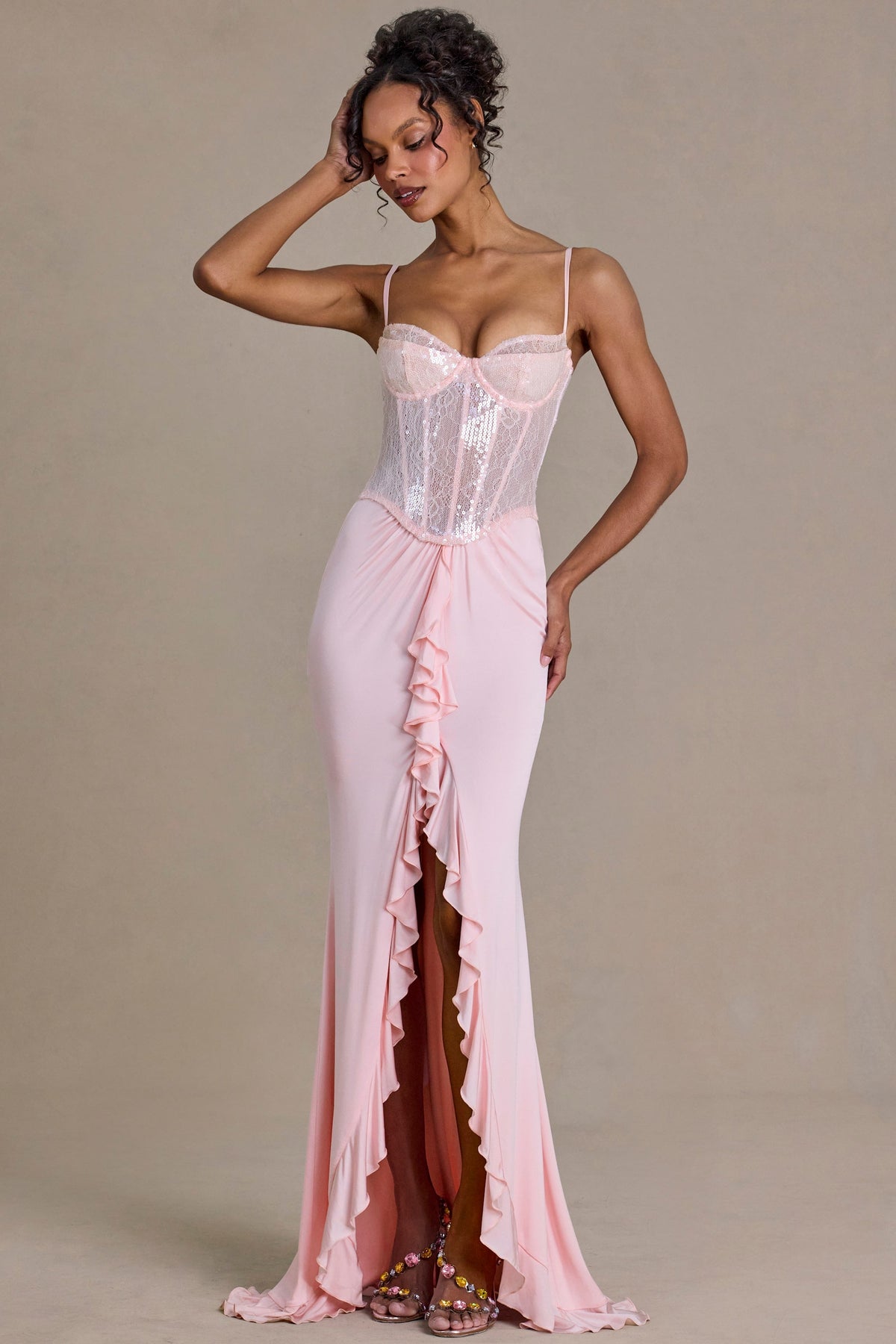 Premium Embellished Lace Corset Gown in Baby Pink – view 1