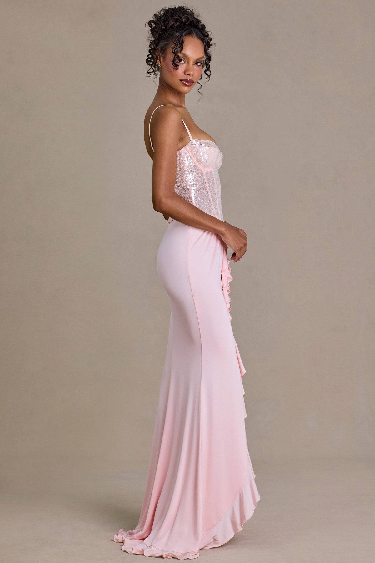 Premium Embellished Lace Corset Gown in Baby Pink – view 3