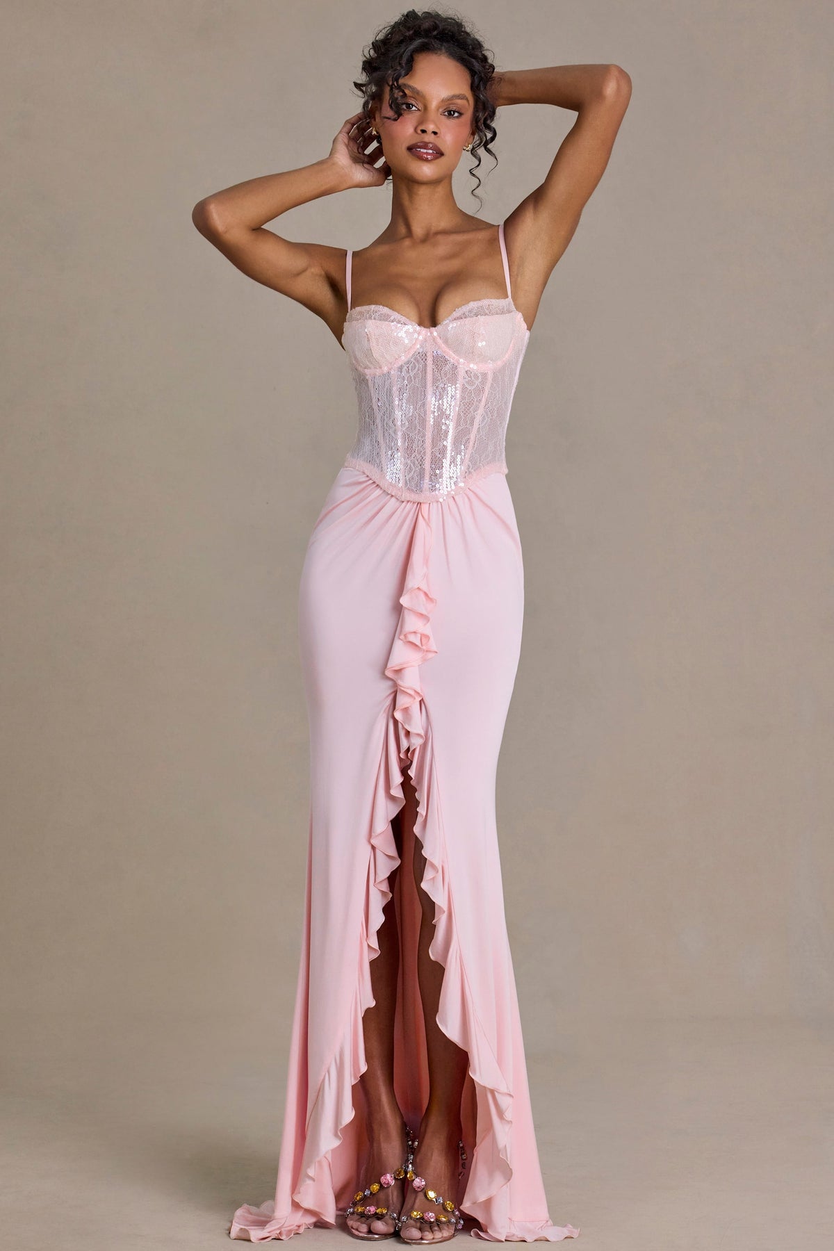 Premium Embellished Lace Corset Gown in Baby Pink – view 5