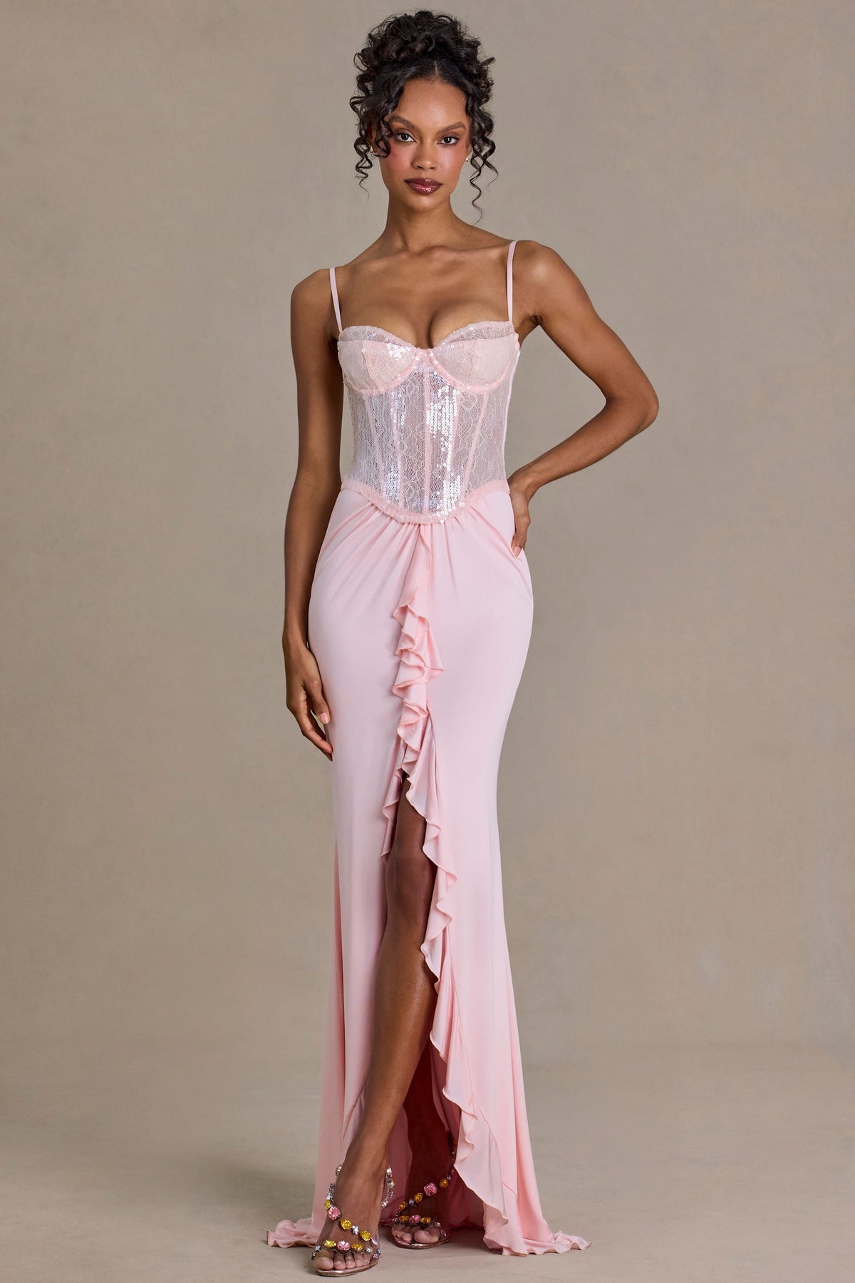 Premium Embellished Lace Corset Gown in Baby Pink – view 7
