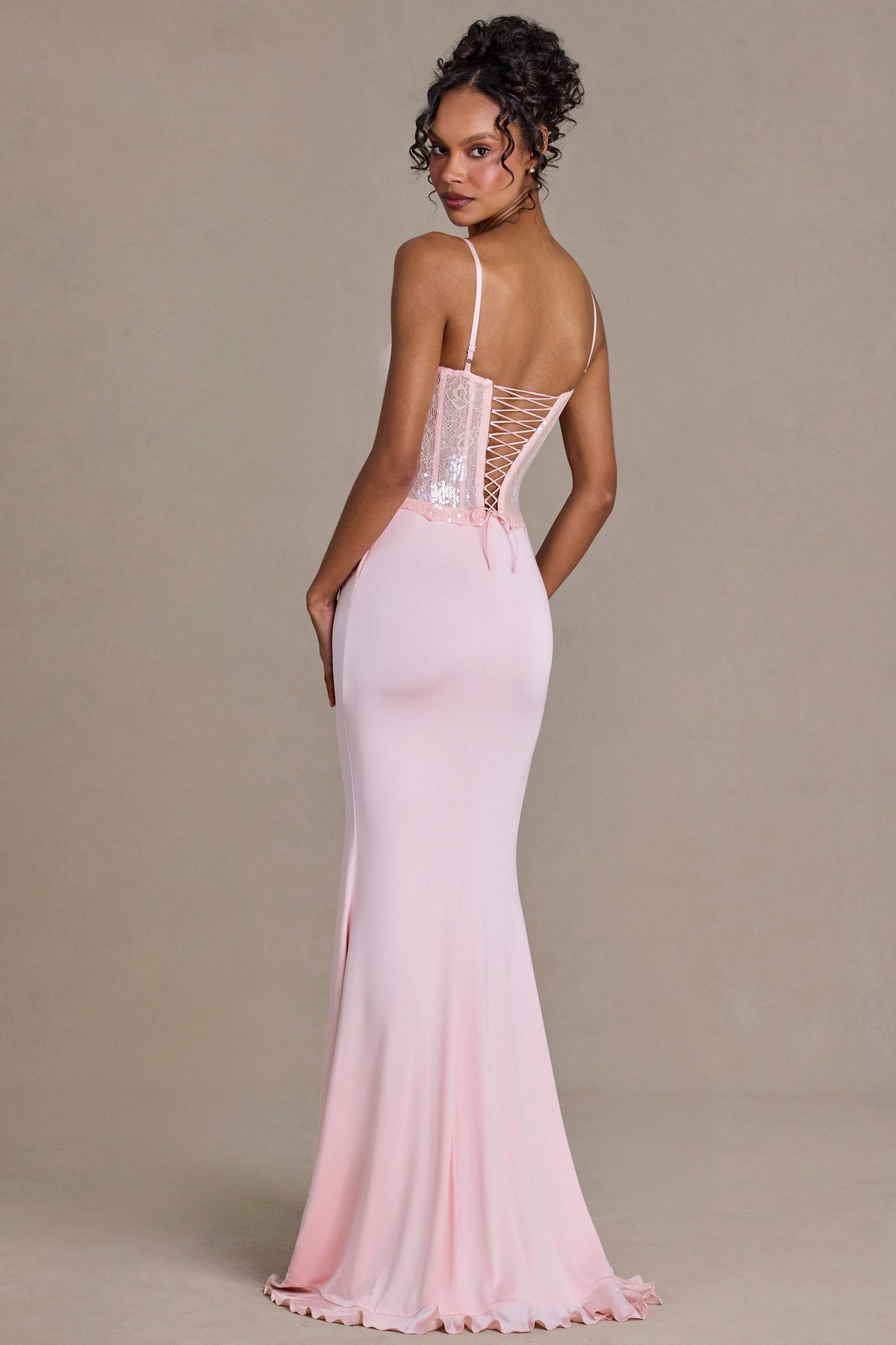 Premium Embellished Lace Corset Gown in Baby Pink – view 2