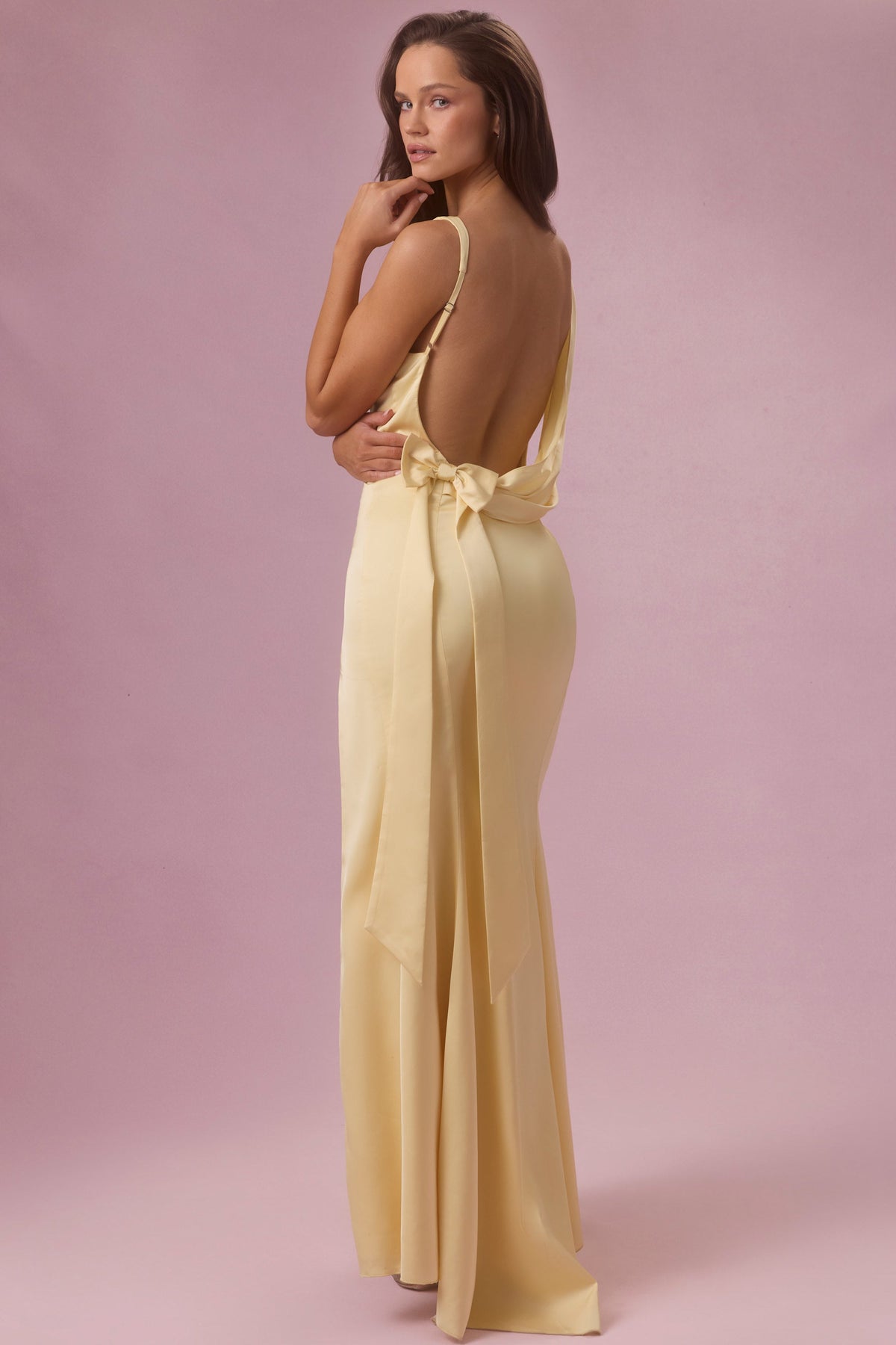Satin Draped Bridesmaid Dress in Butter Yellow – view 7