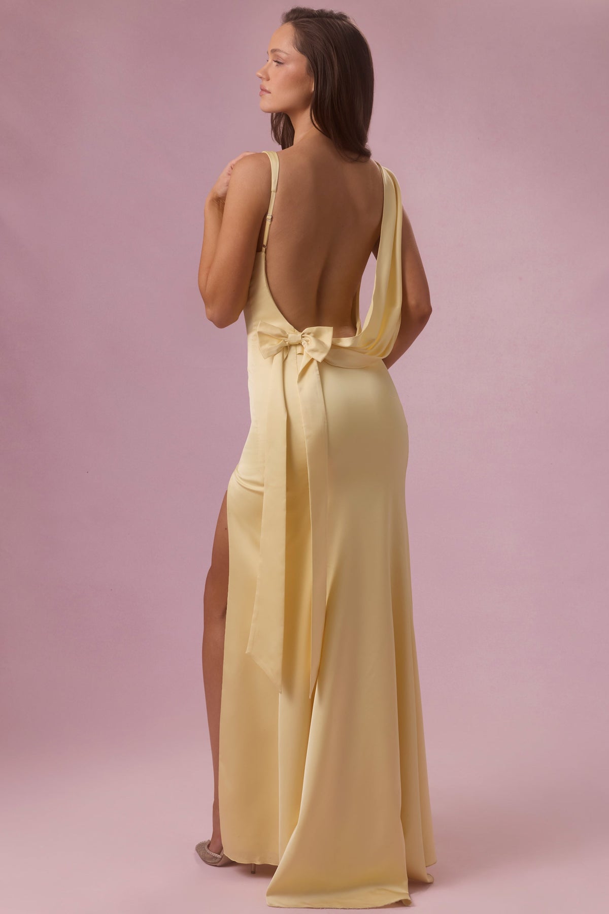 Satin Draped Bridesmaid Dress in Butter Yellow – view 1