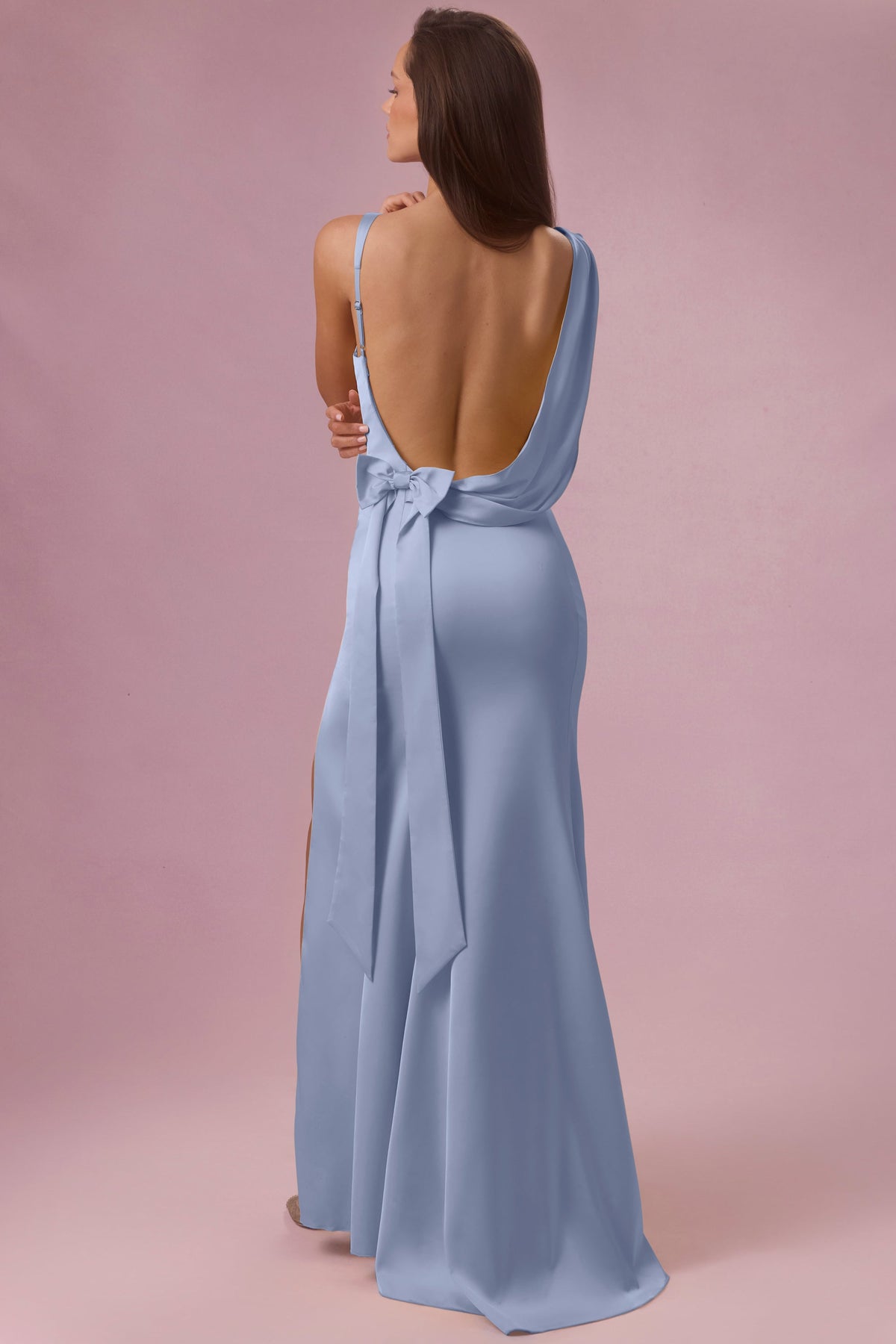 Satin Draped Bridesmaid Dress in Powder Blue – view 6