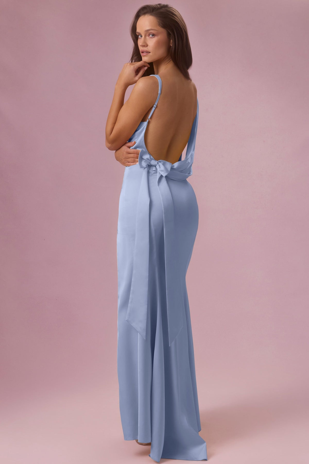 Satin Draped Bridesmaid Dress in Powder Blue – view 1