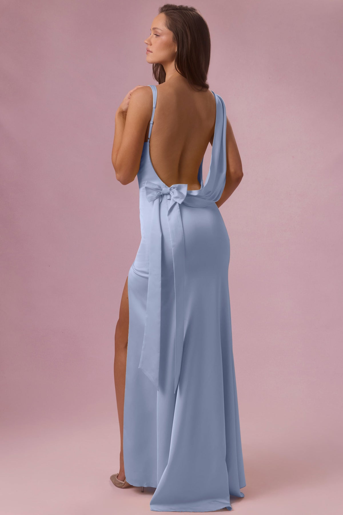 Satin Draped Bridesmaid Dress in Powder Blue – view 8