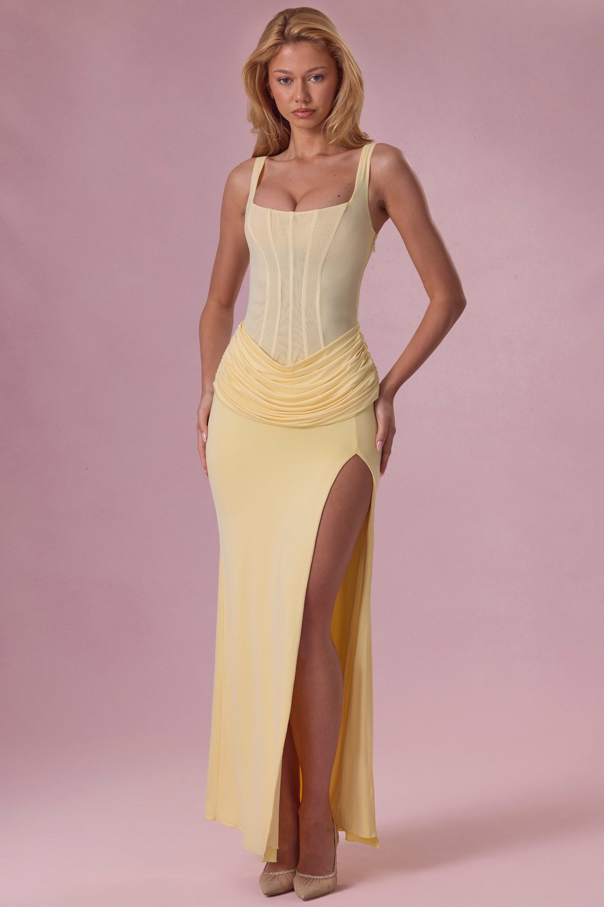 Mesh Draped Bridesmaid Dress in Butter Yellow – view 1