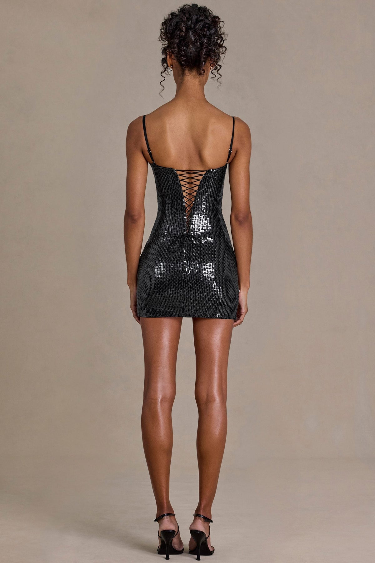 Premium Sequin Lace Corset Mini Dress in Black – view 3