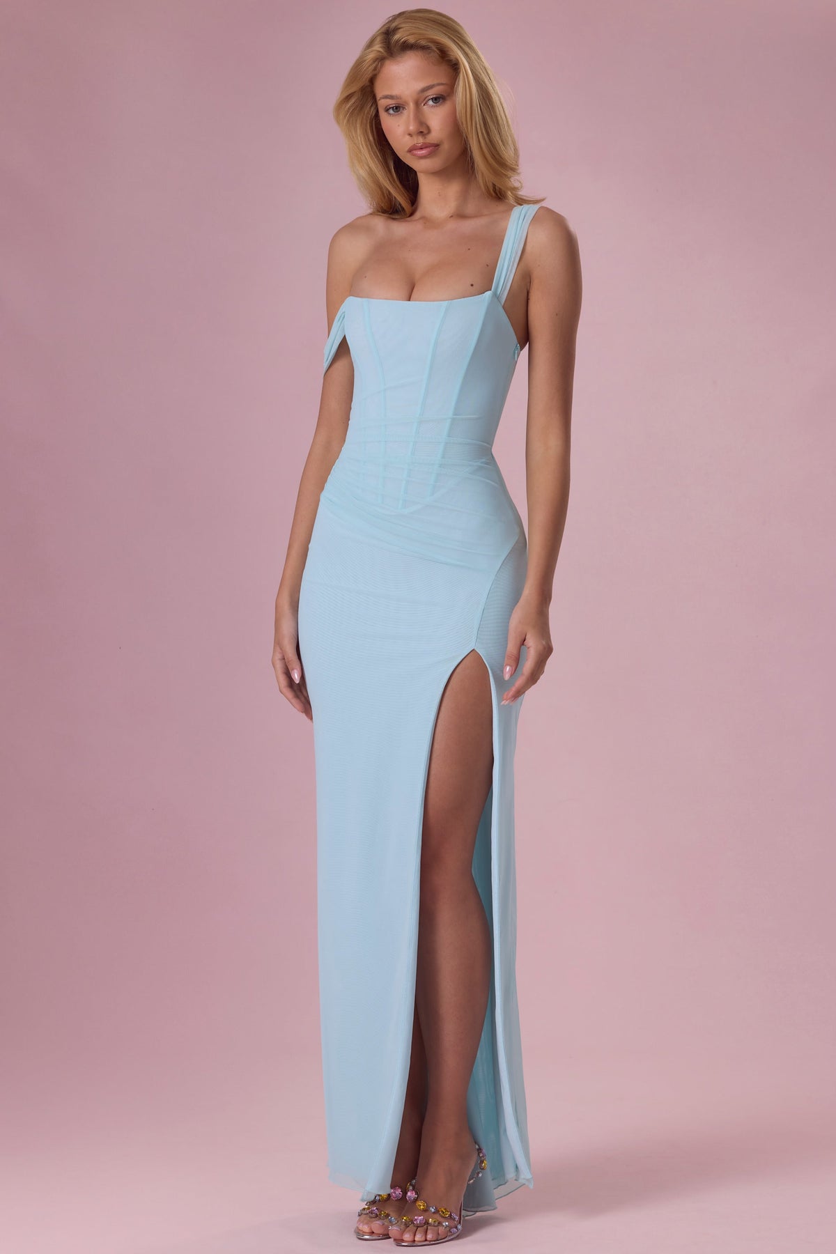Premium Mesh Draped Corset Gown in Light Aqua – view 6