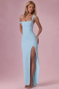 Premium Mesh Draped Corset Gown in Light Aqua – view 1