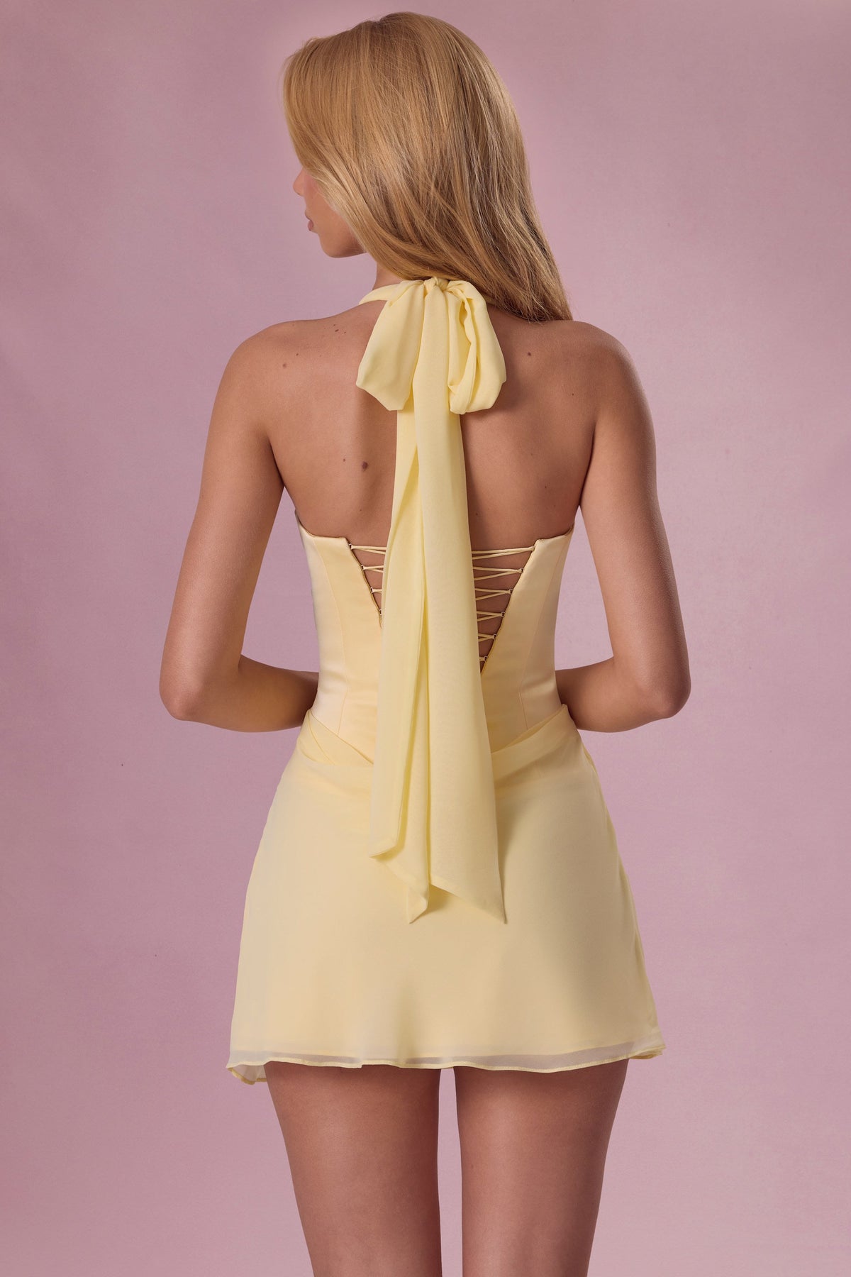 Satin Draped Mini Dress in Butter Yellow – view 6