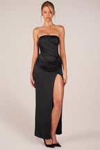 Bandeau Draped Thigh-High Maxi Dress in Black