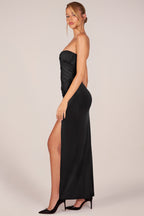 Bandeau Draped Thigh-High Maxi Dress in Black
