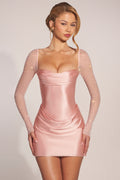 Long-Sleeve Draped Mini Dress in Blush Pink – view 1