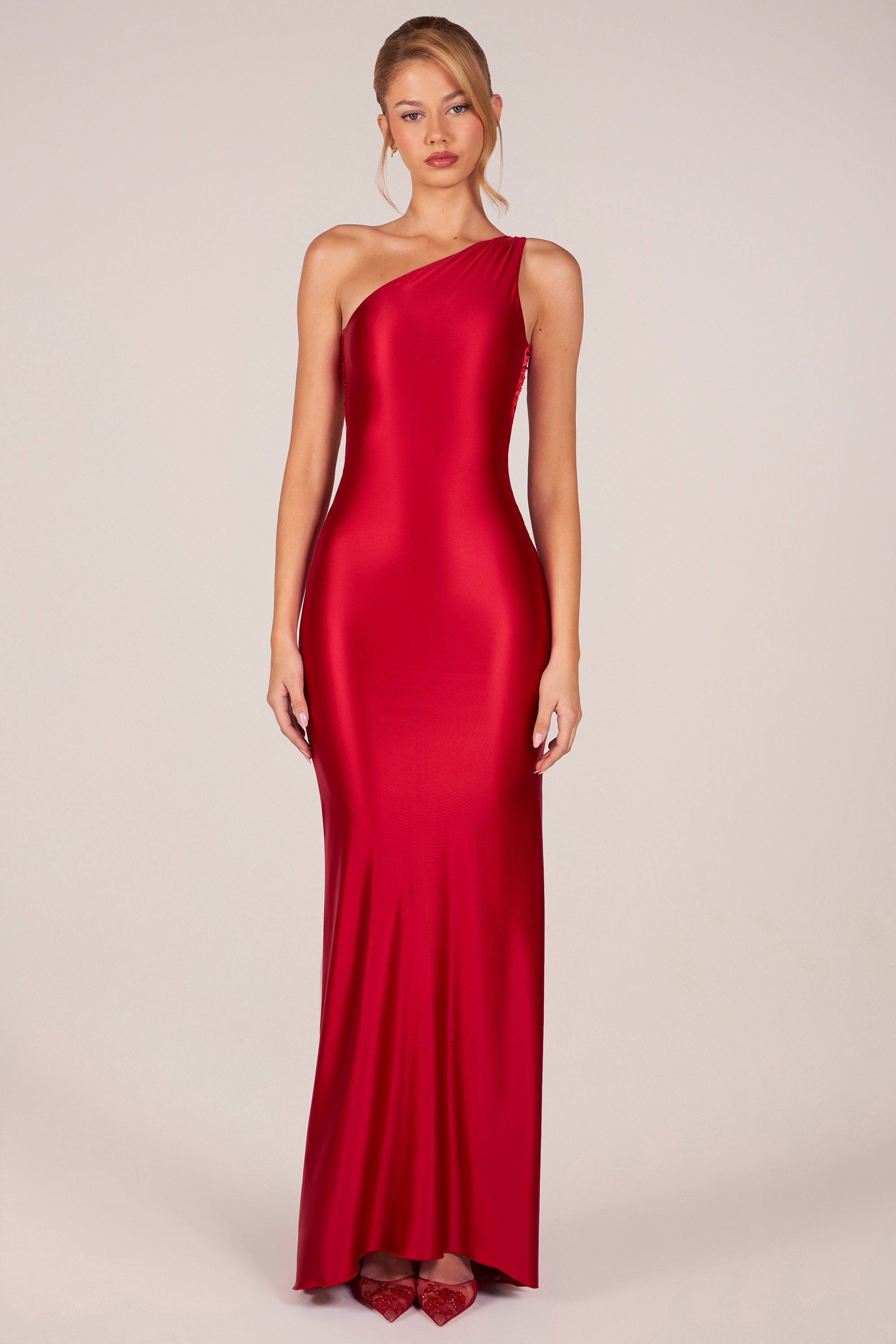 Asymmetric Tie-Back Gown in Rose Red