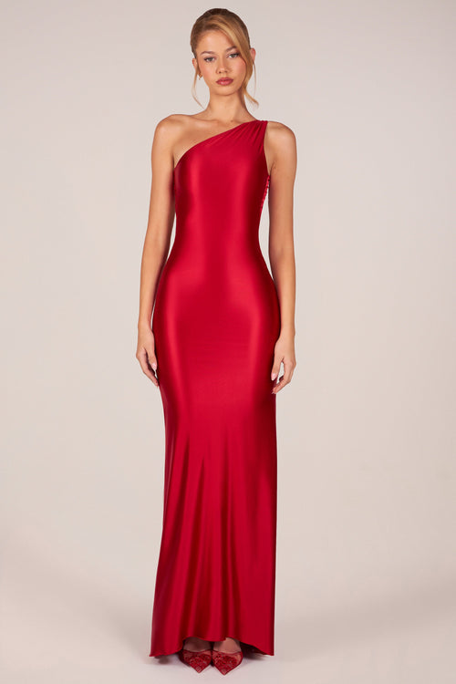 Asymmetric Tie-Back Gown in Rose Red