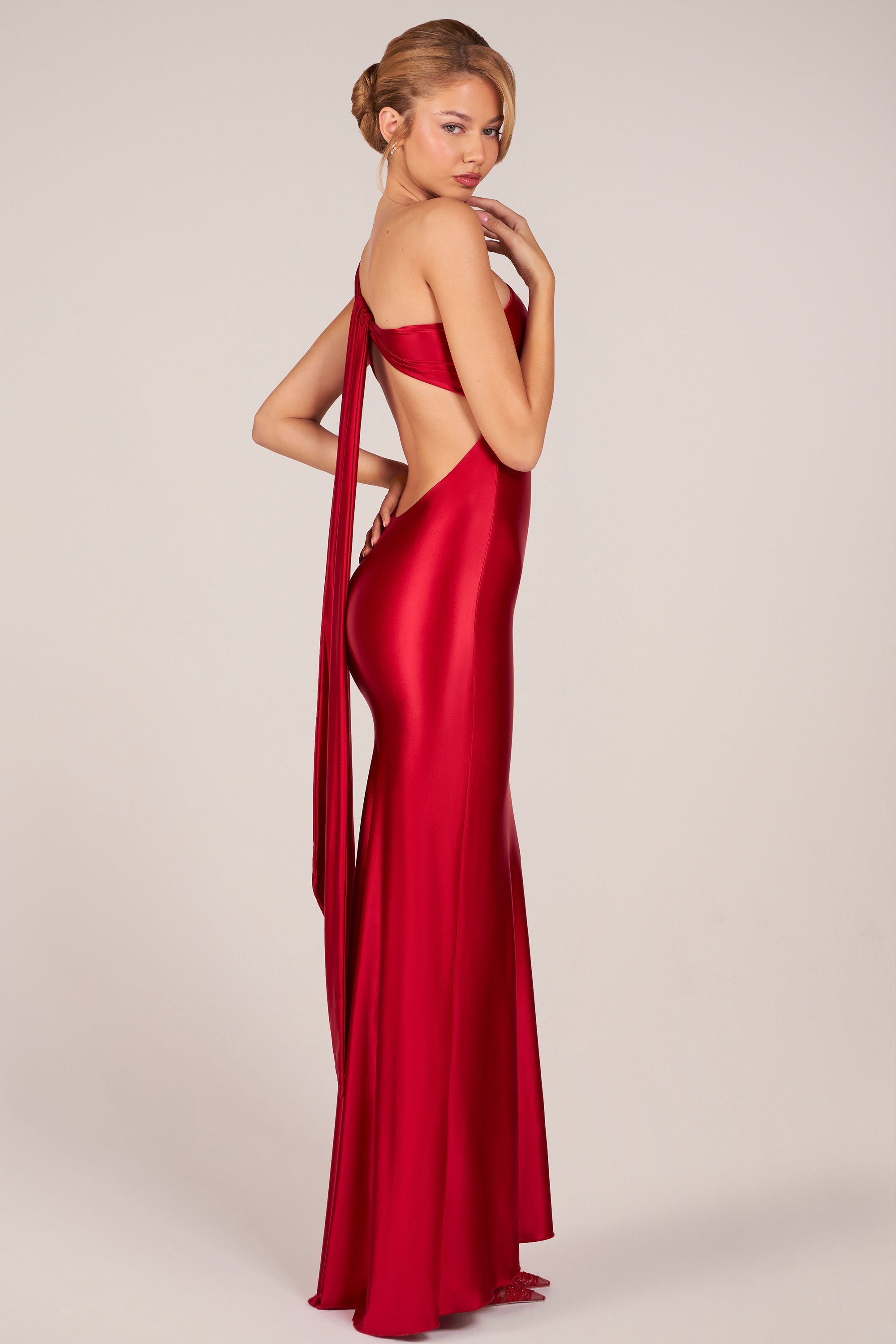 Asymmetric Tie-Back Gown in Rose Red