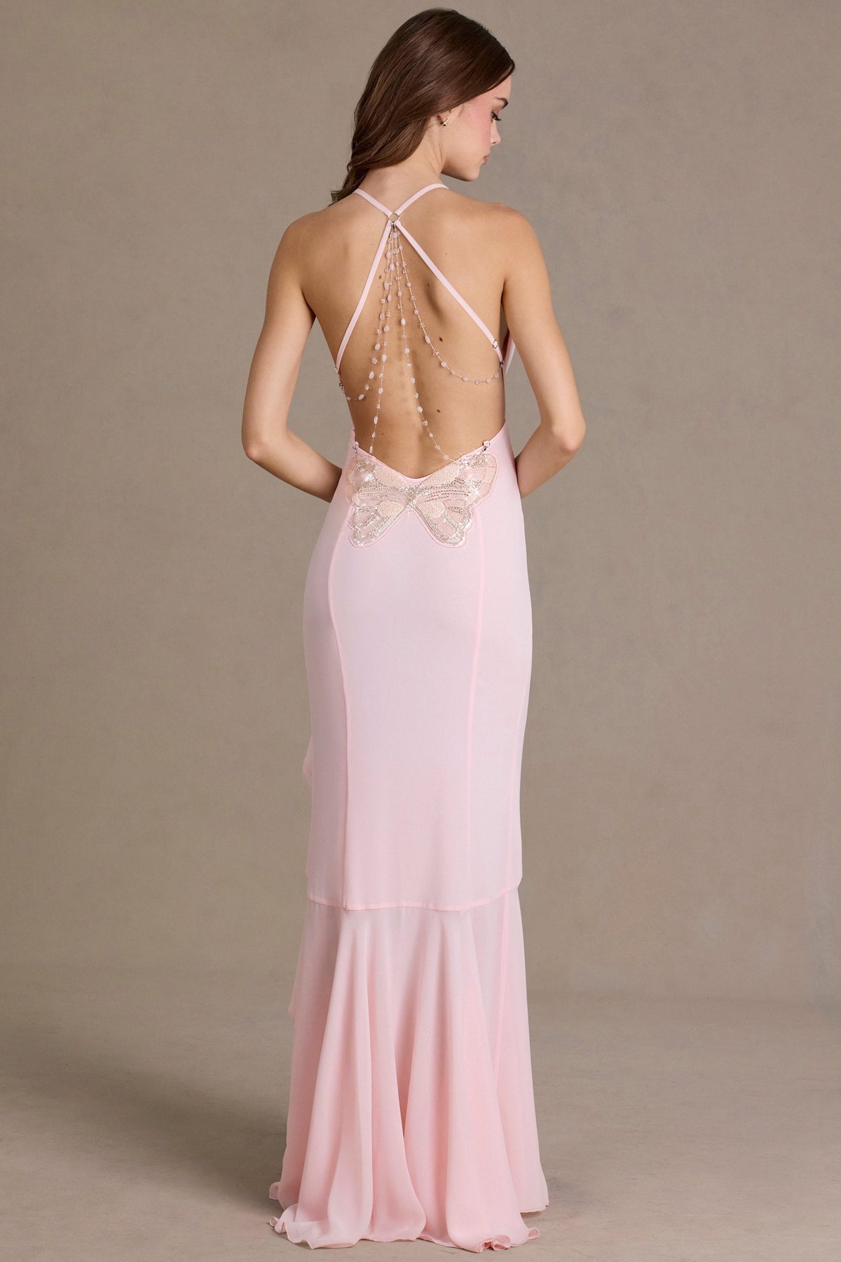 Chiffon Cowl-Neck Open-Back Gown in Baby Pink – view 6