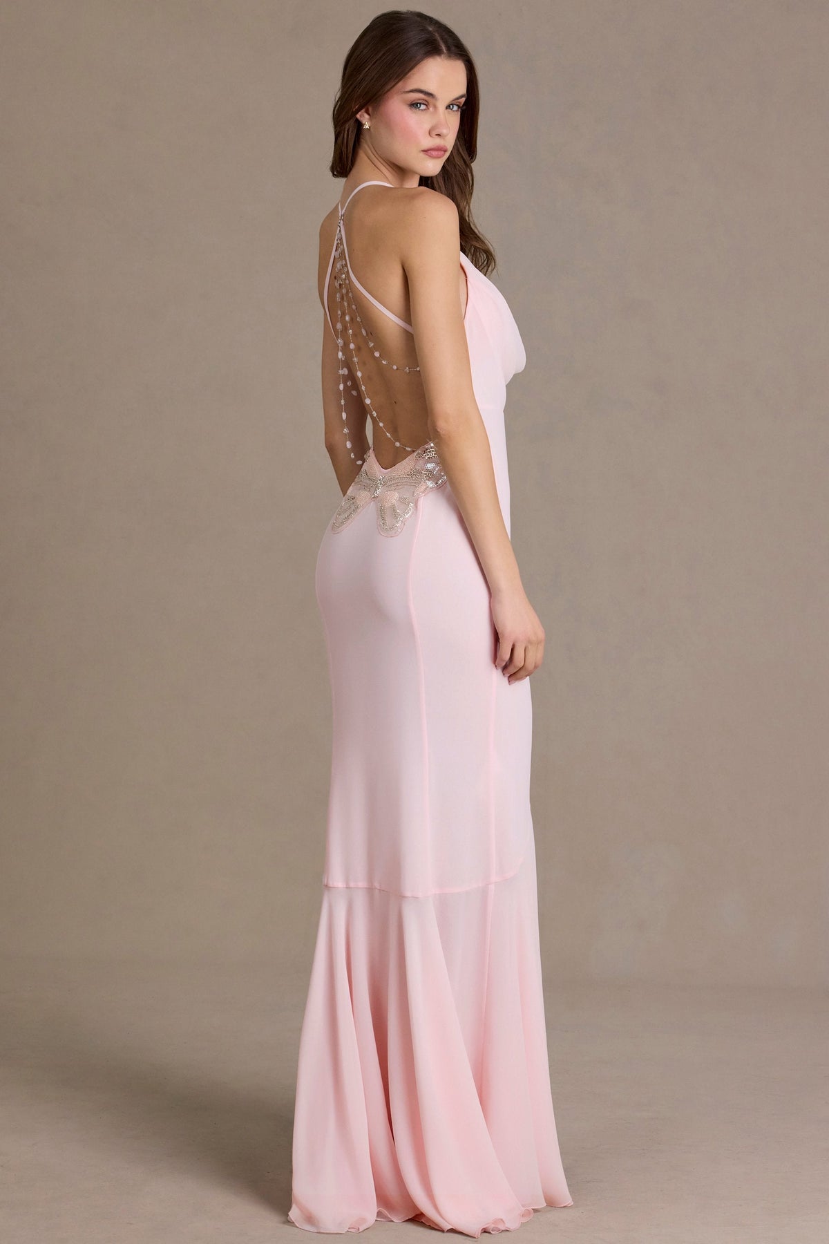 Chiffon Cowl-Neck Open-Back Gown in Baby Pink – view 7