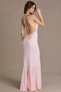 Chiffon Cowl-Neck Open-Back Gown in Baby Pink – view 1