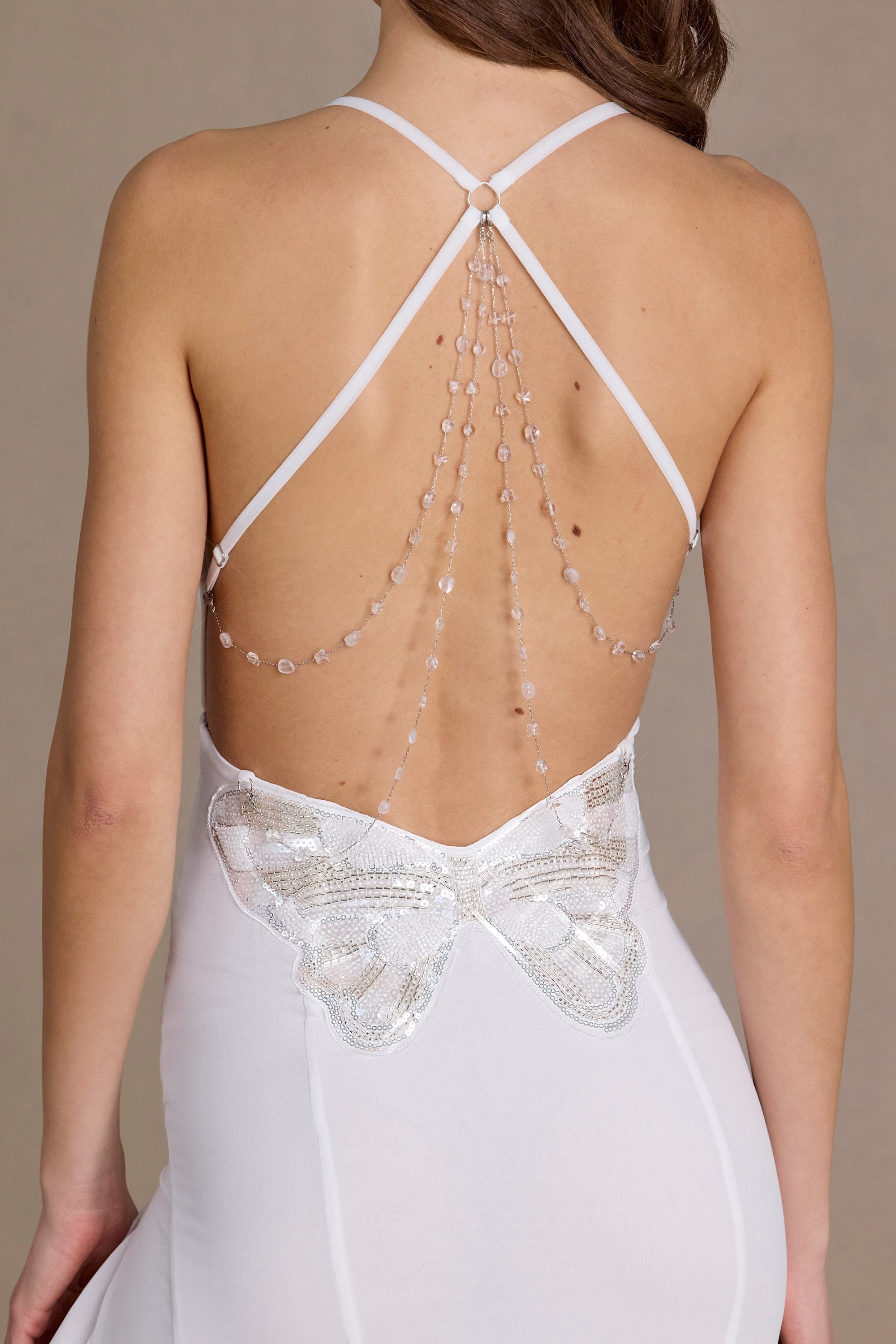 Chiffon Cowl-Neck Open-Back Gown in White