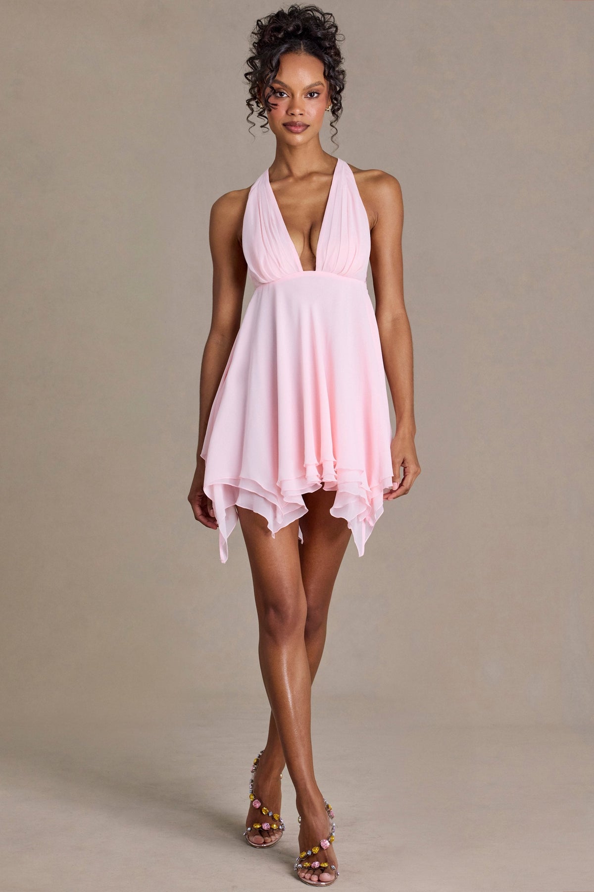 Premium Chiffon Plunge-Neck Open-Back Mini Dress in Baby Pink – view 2