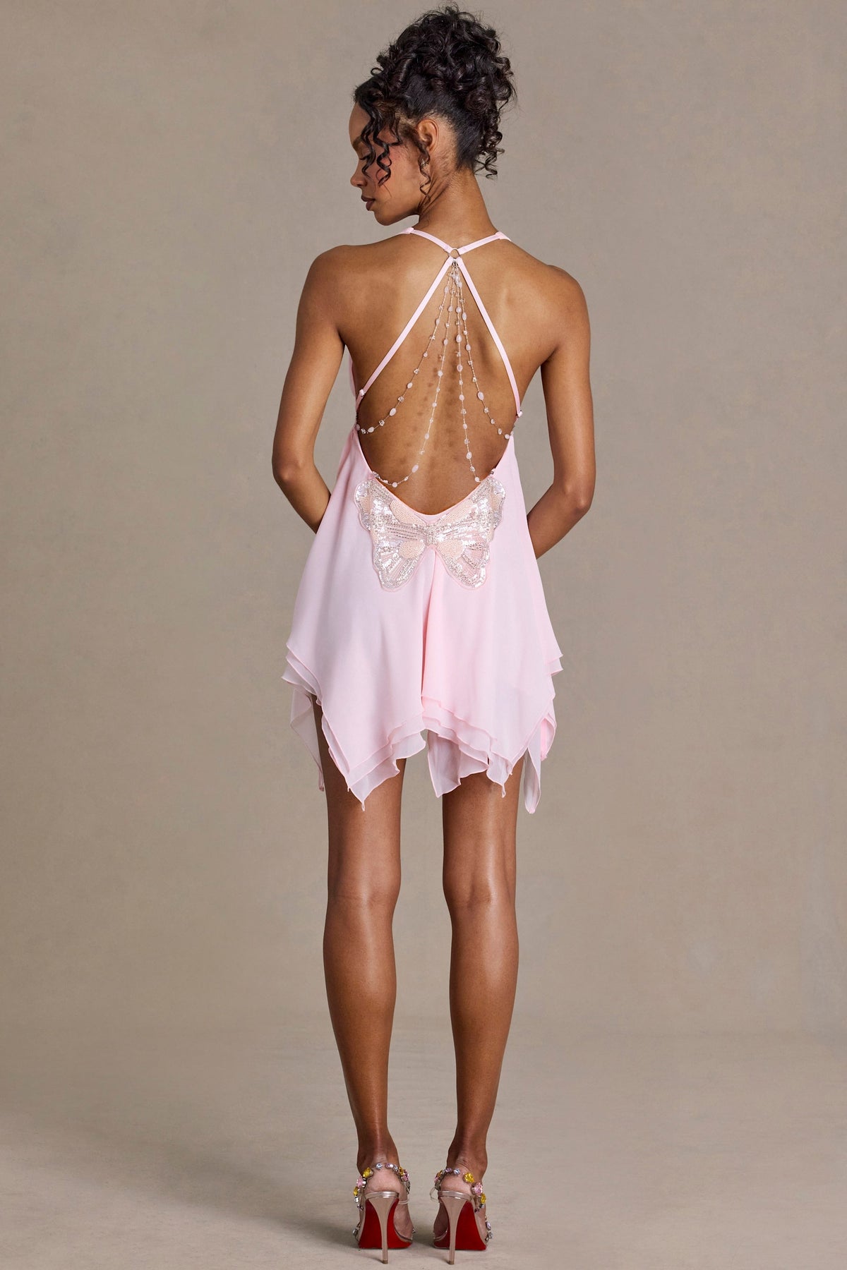 Premium Chiffon Plunge-Neck Open-Back Mini Dress in Baby Pink – view 5