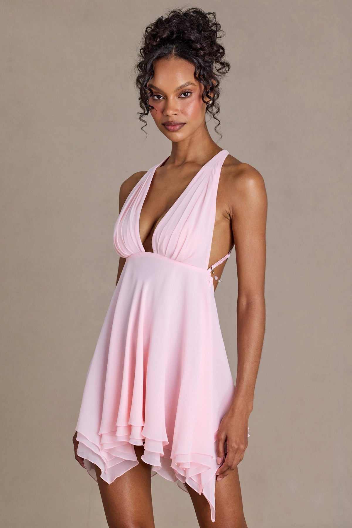 Premium Chiffon Plunge-Neck Open-Back Mini Dress in Baby Pink – view 6