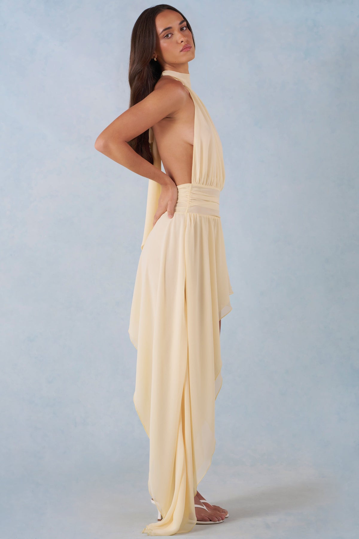 Halterneck Asymmetric Maxi Dress in Butter Yellow – view 3