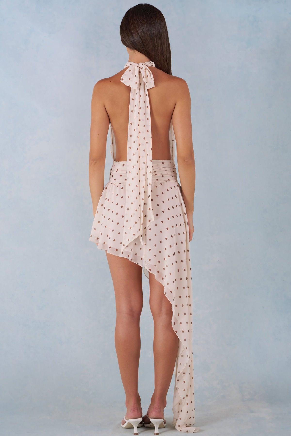 Halterneck Asymmetric Maxi Dress in Ivory Polka Dot Print – view 6