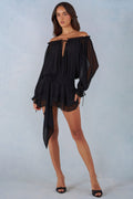 Off-Shoulder Balloon-Sleeve Mini Dress in Black – view 1