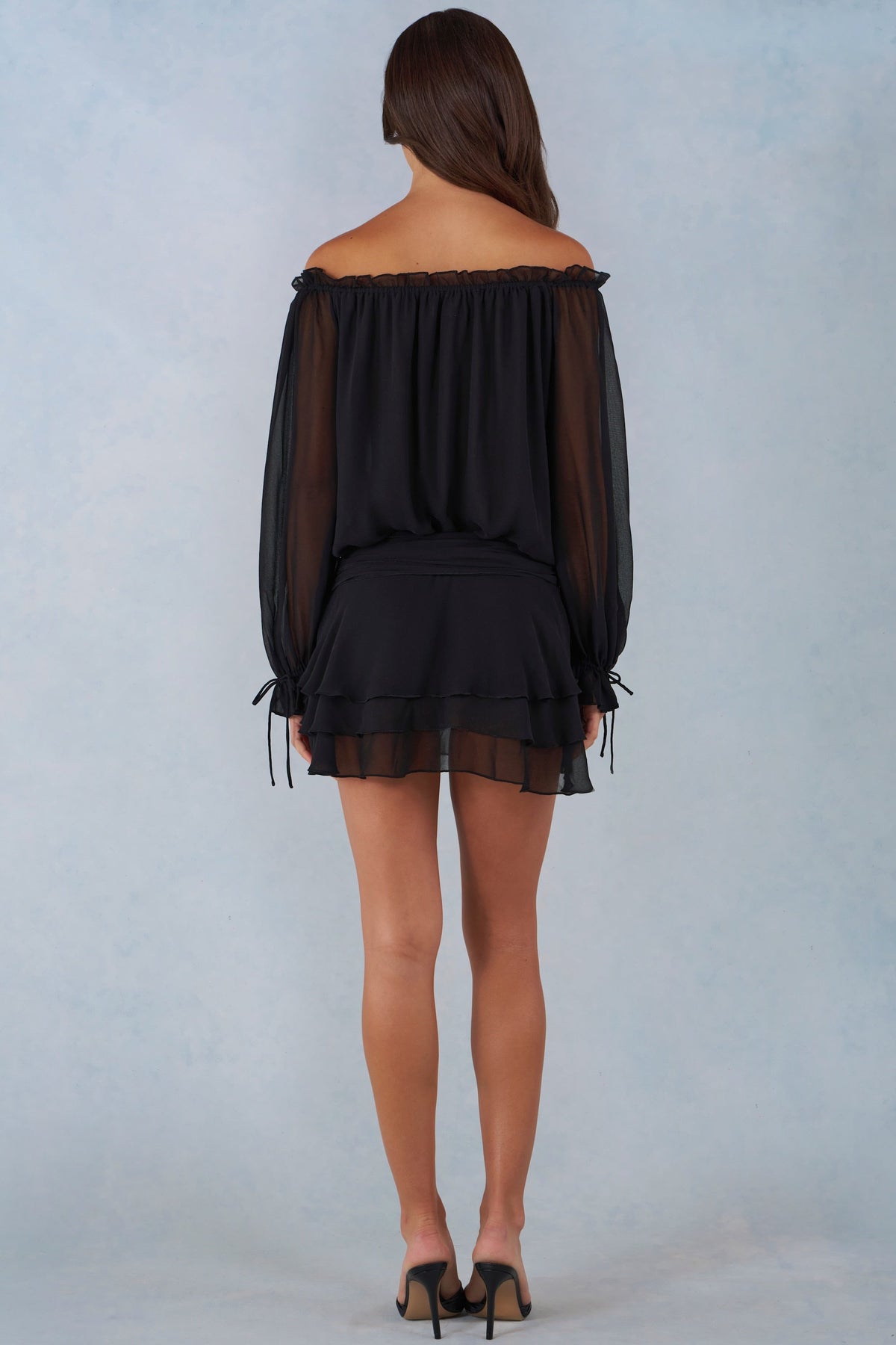Off-Shoulder Balloon-Sleeve Mini Dress in Black – view 5