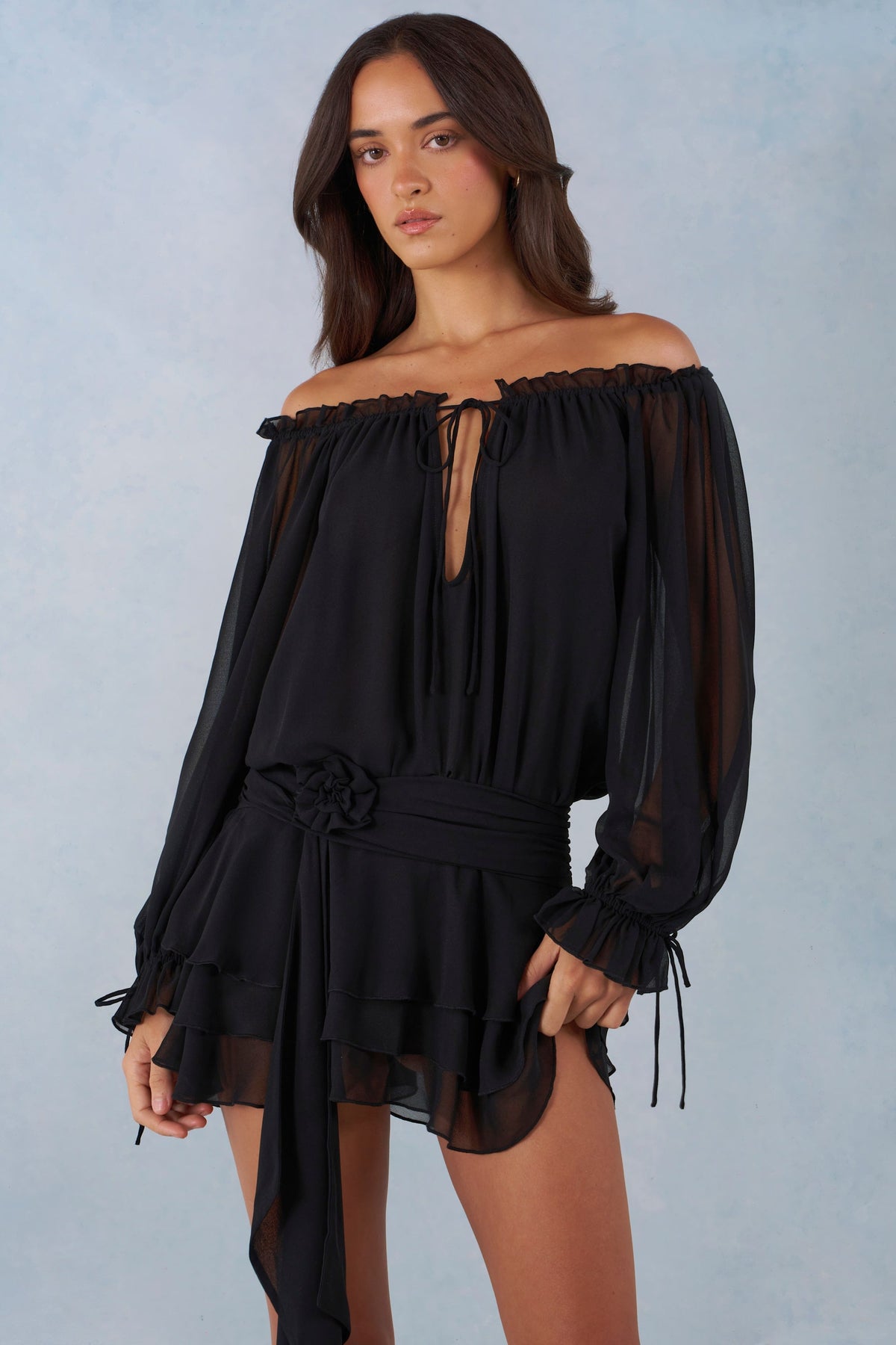 Off-Shoulder Balloon-Sleeve Mini Dress in Black – view 8