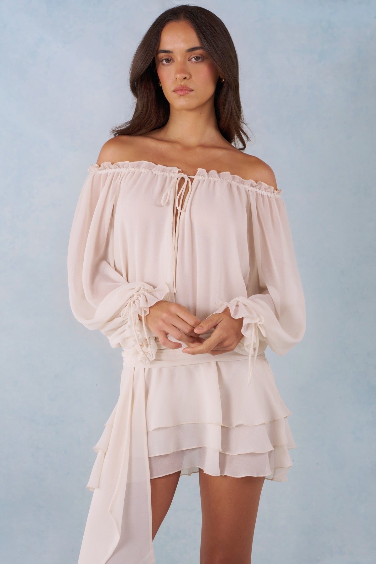 Off-Shoulder Balloon-Sleeve Mini Dress in Ivory – view 8