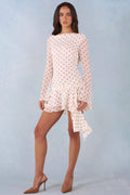 Long-Sleeve Open-Back Mini Dress in Ivory Polka Dot Print – view 1