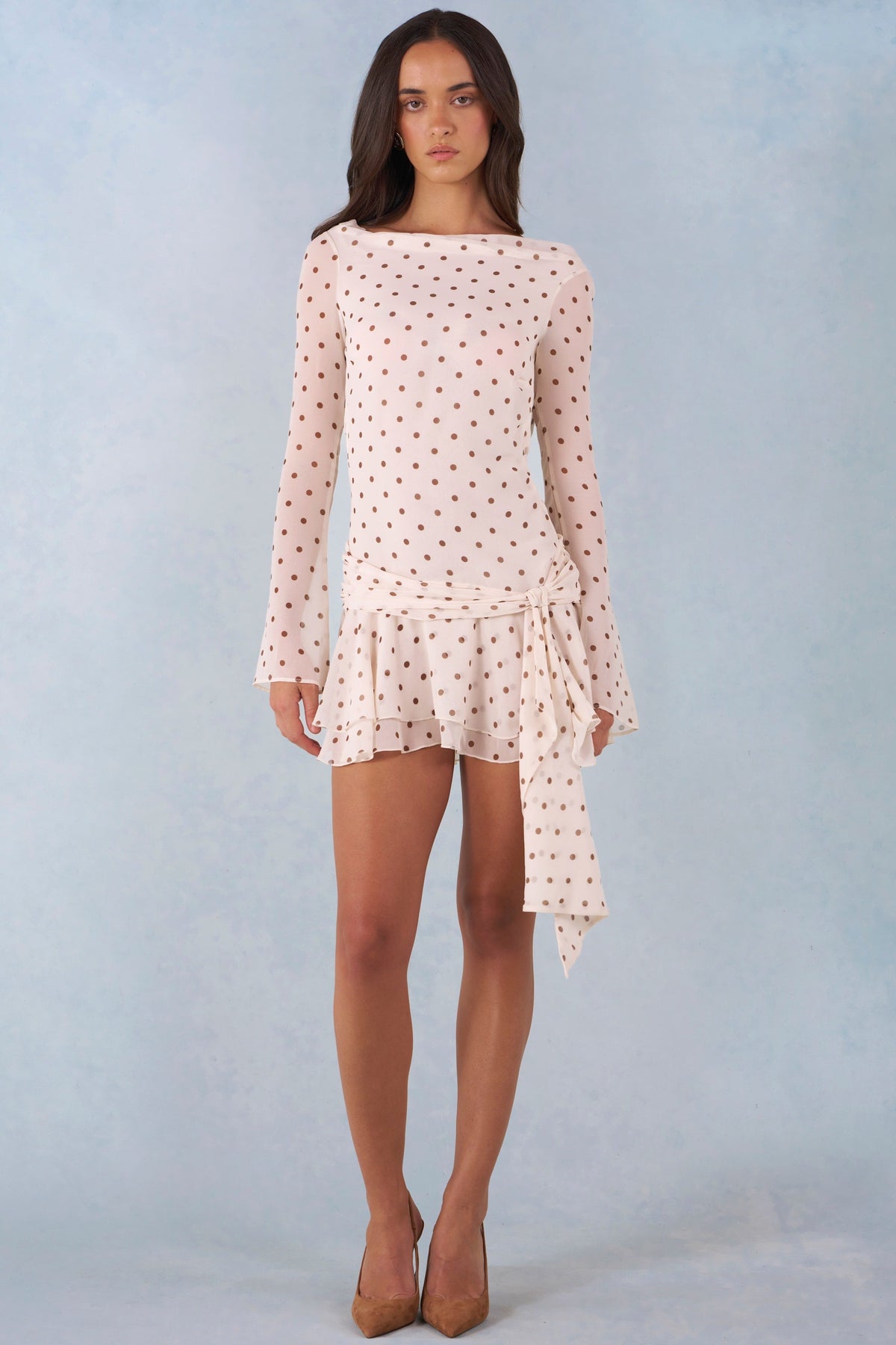 Long-Sleeve Open-Back Mini Dress in Ivory Polka Dot Print – view 4
