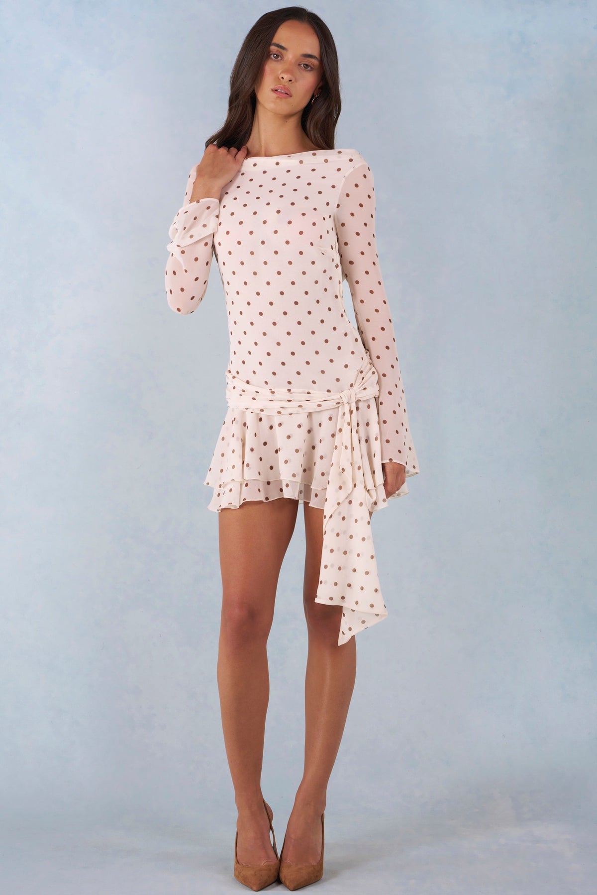 Long-Sleeve Open-Back Mini Dress in Ivory Polka Dot Print – view 7