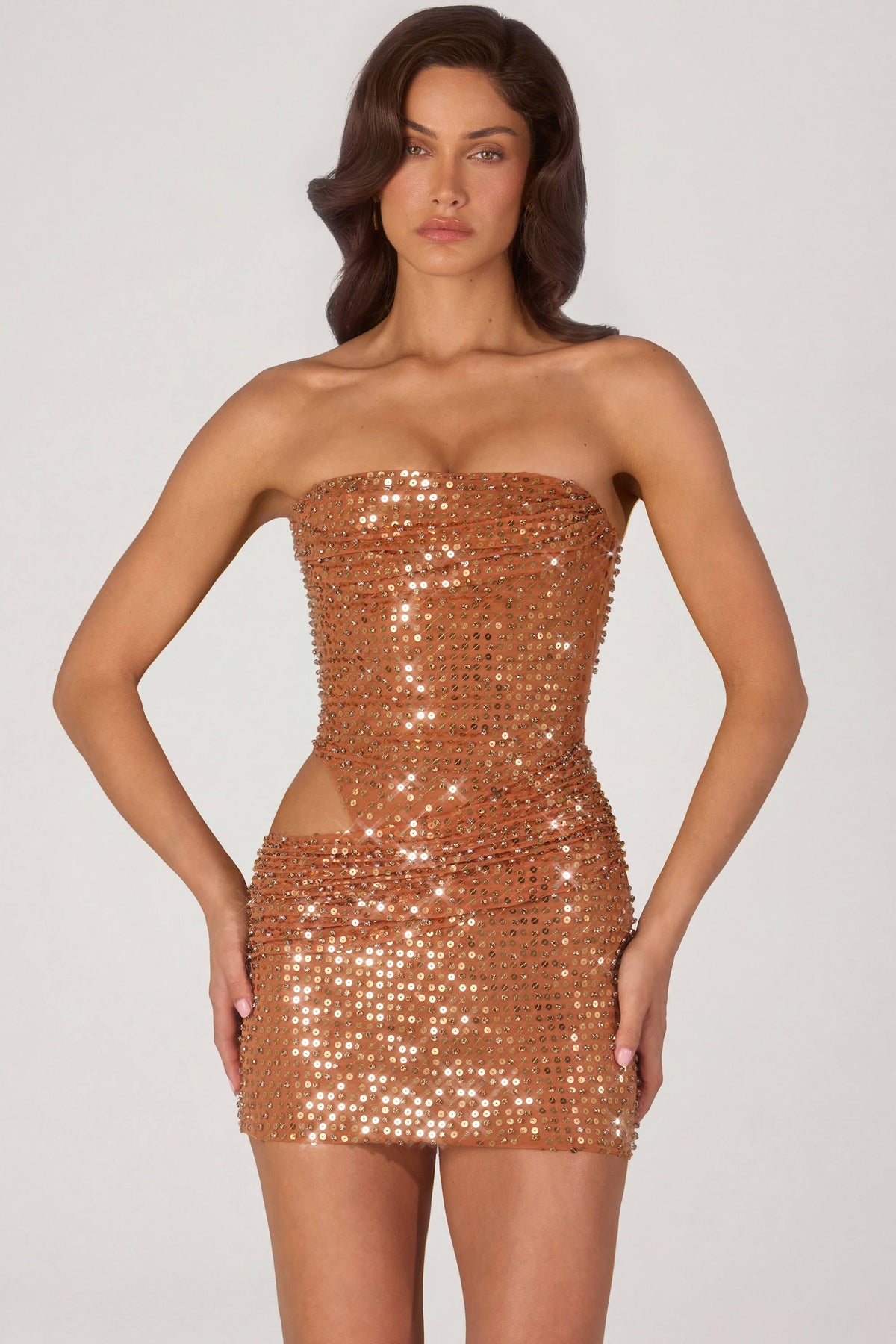 Embellished Cut-Out Mini Dress in Bronze – view 6
