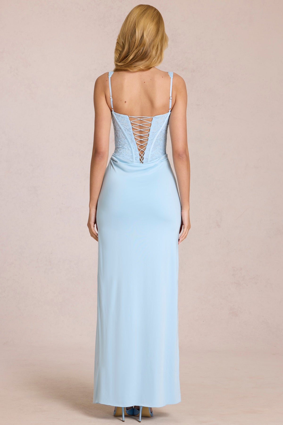 Lace Corset Maxi Dress in Powder Blue – view 6