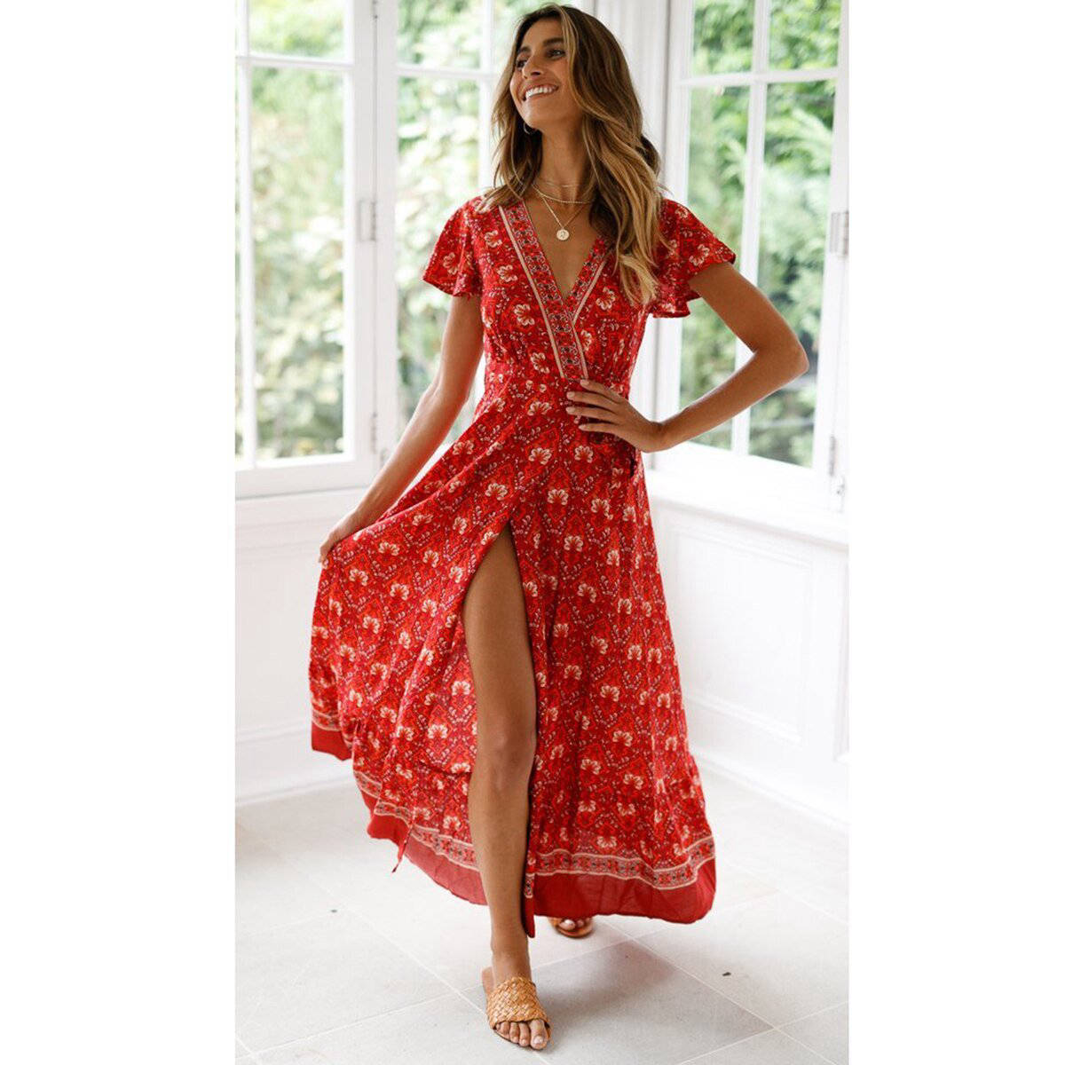 Red Bohemian Split Dress Wrap Heart