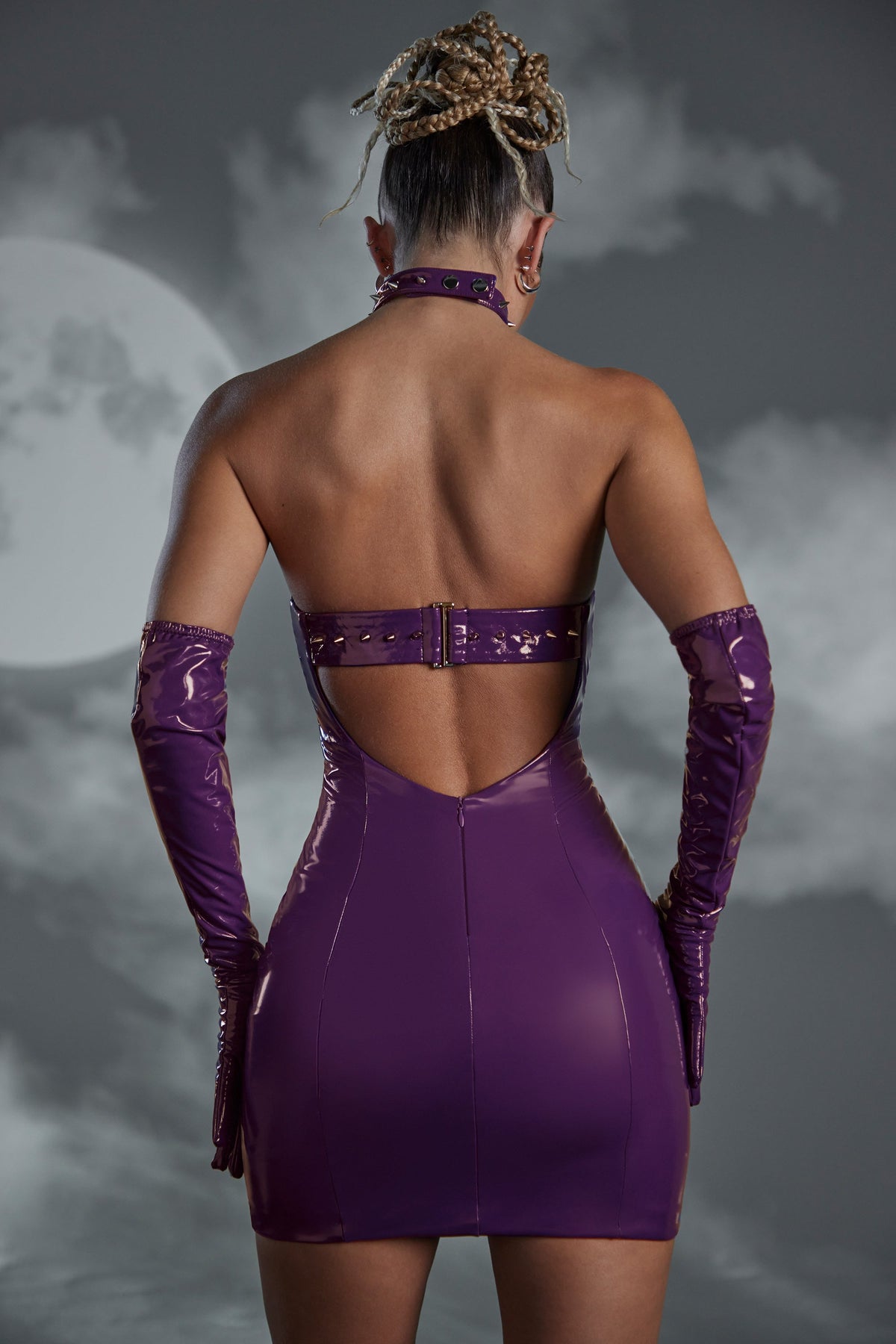 Studded Back Strap Vinyl Mini Dress in Purple – view 2