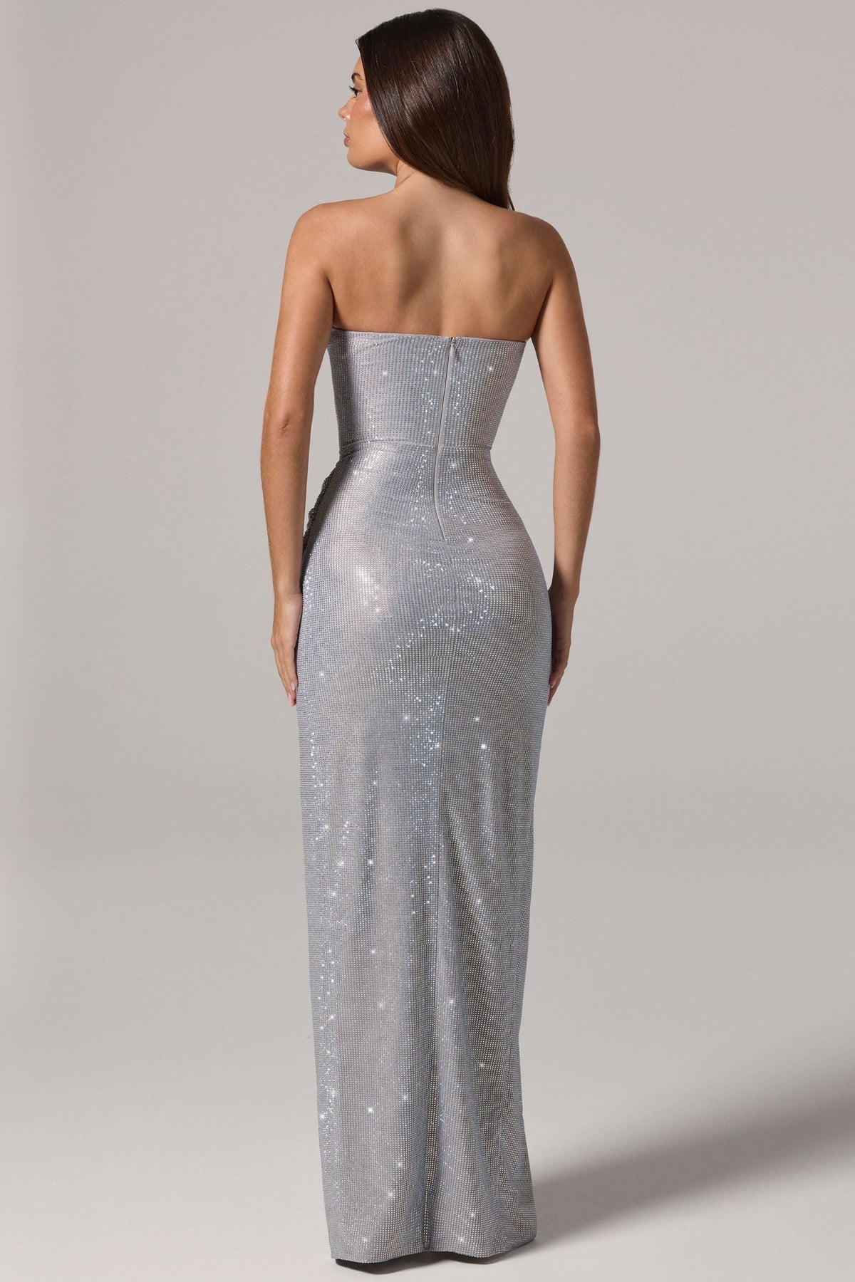 Embellished Bandeau Cowl-Waist Maxi Dress in Silver – view 2
