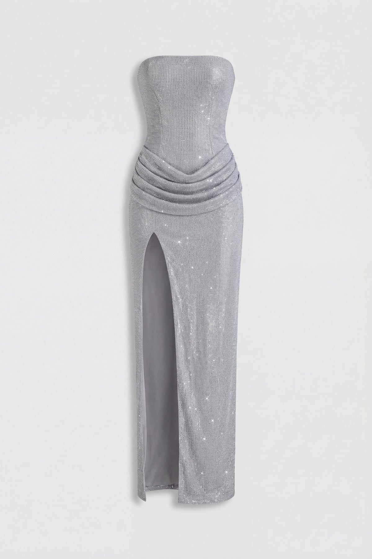 Embellished Bandeau Cowl-Waist Maxi Dress in Silver – view 4