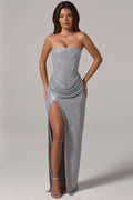 Embellished Bandeau Cowl-Waist Maxi Dress in Silver – view 1