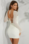Long Sleeve Embellished Corset Mini Dress in Ivory – view 1