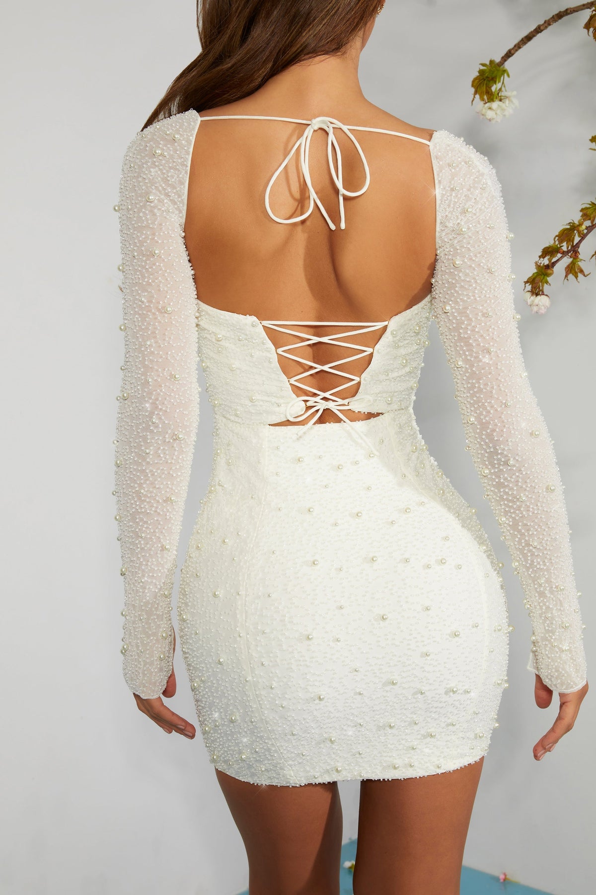Long Sleeve Embellished Corset Mini Dress in Ivory – view 6