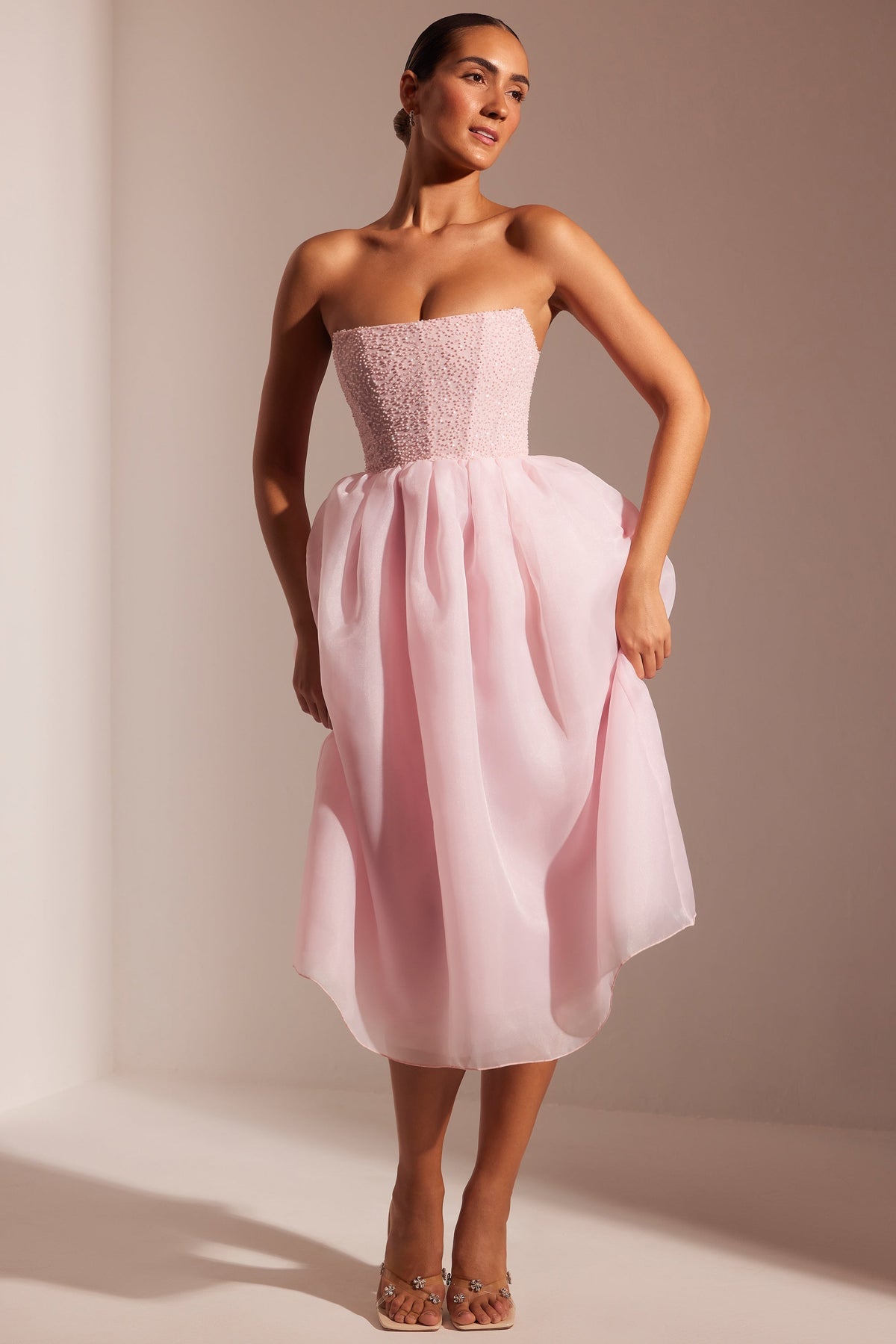 Embellished Corset Tulle Skirt Midi Dress in Blush – view 6