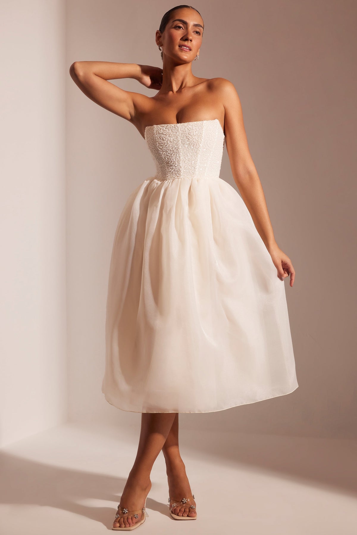 Embellished Corset Tulle Skirt Midi Dress in Ivory – view 1