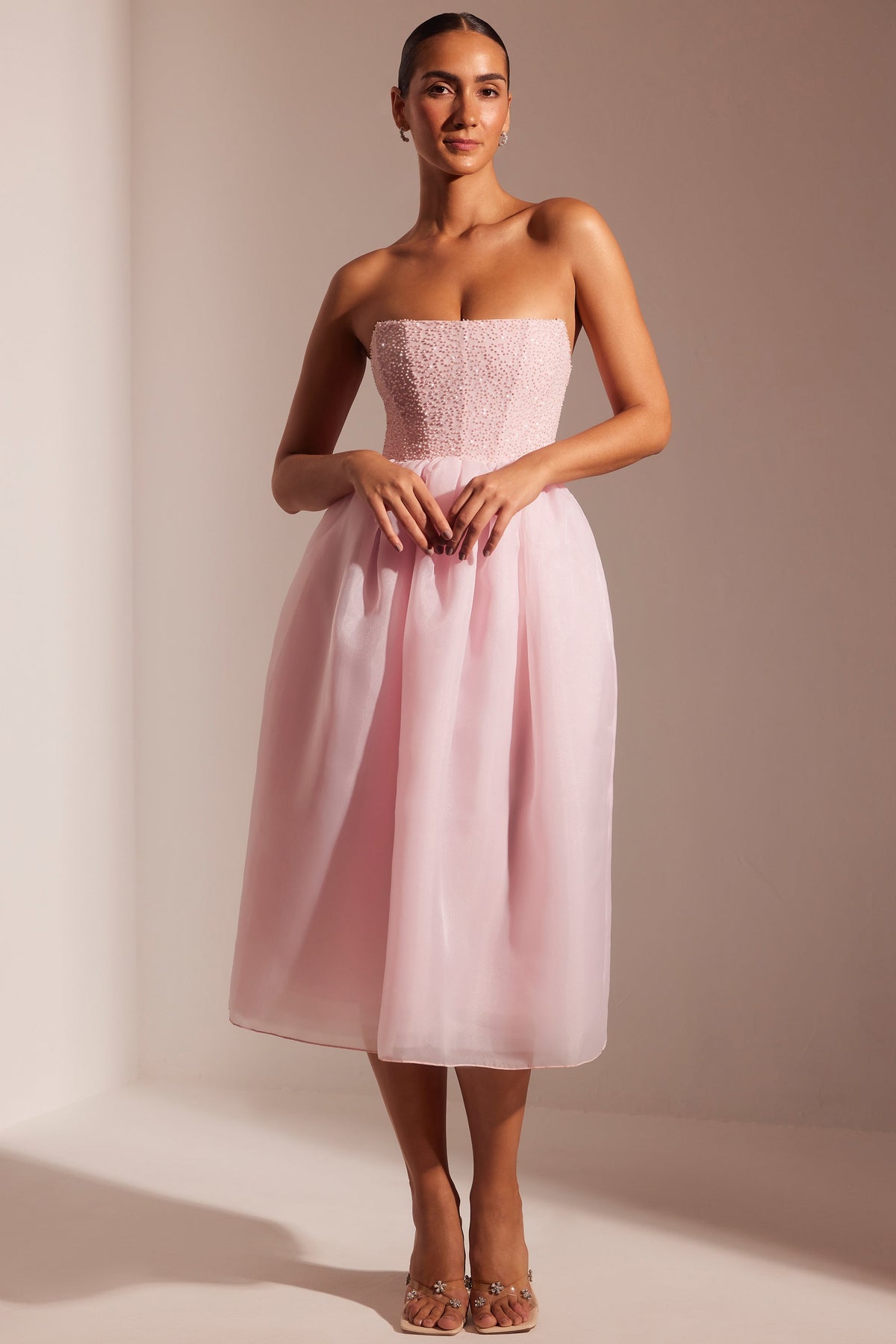 Embellished Corset Tulle Skirt Midi Dress in Blush – view 8