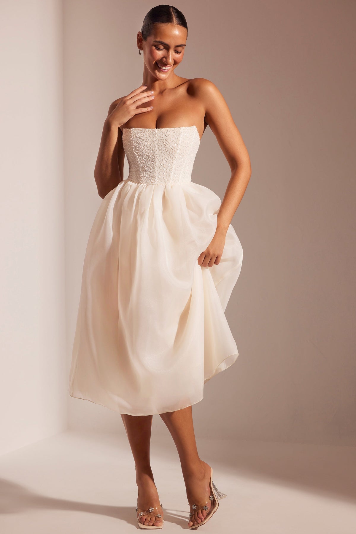 Embellished Corset Tulle Skirt Midi Dress in Ivory – view 7